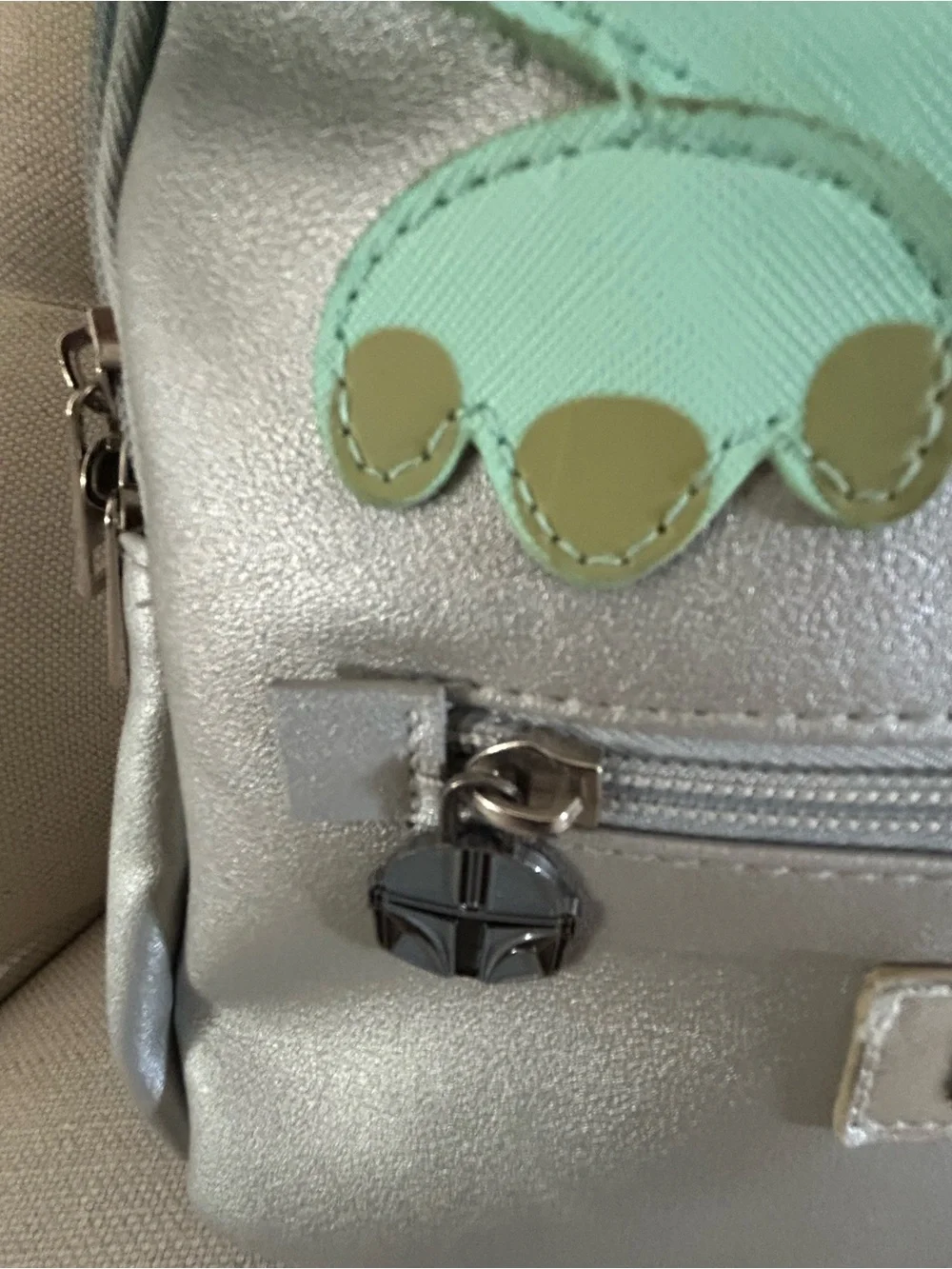 Star Wars Silver Backpack with Mint Green Grogu Face and Pink Ear Accents